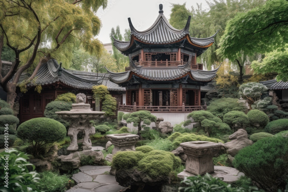 peaceful garden surrounded by the towering walls of a chinese pagoda, created with generative ai