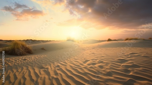 Global warming concept： sand dunes under dramatic evening sunset sky at drought desert landscape, Generative AI