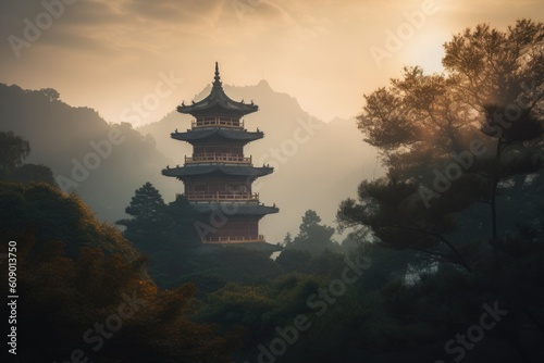 peaceful china pagoda in a misty morning with the sun peeking through the clouds, created with generative ai