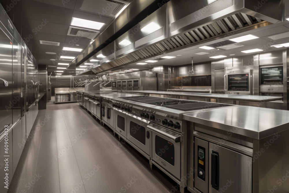 modern commercial kitchen, with sleek ovens and ranges paired with other high-tech cooking equipment, created with generative ai