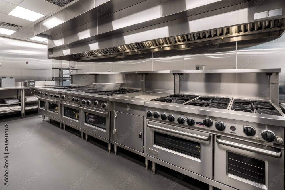 a commercial kitchen with an oven and range for each cook to work independently, created with generative ai