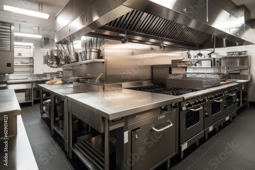modern commercial kitchen with ovens, ranges, and mixers in stainless steel, created with generative ai