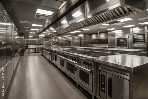 modern commercial kitchen, with sleek ovens and ranges paired with other high-tech cooking equipment, created with generative ai