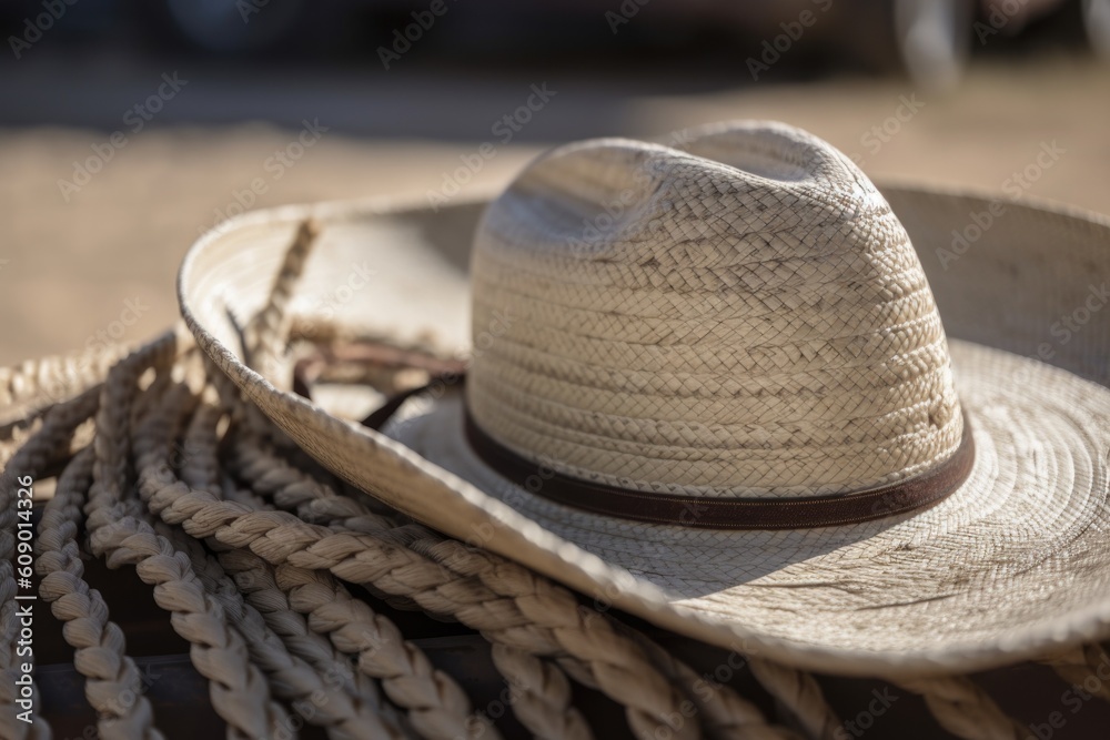 close-up of cowboy hat, with rope and buckle in the foreground, created with generative ai