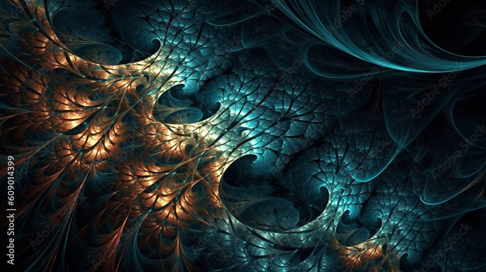 A fractal image of a blue and green swirly design.generative ai
