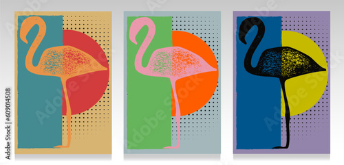 Wall art cover set. Modern background with geometric shapes and silhouette of a flamingo at sunset. Vector illustration, interior prints, grunge texture.