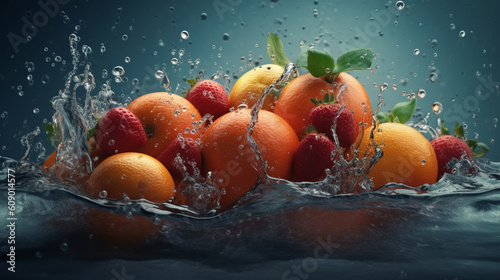 A bunch of fruit is in a water droplet.generative ai