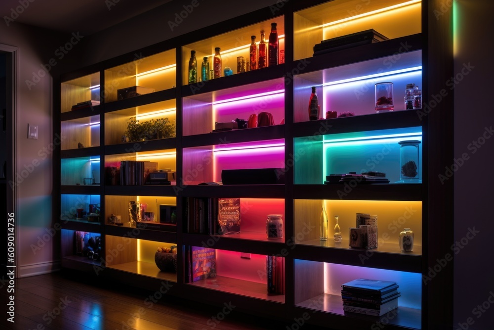 bright and colorful lights decorate shelves in a bookshelf for a visually stunning effect, created with generative ai