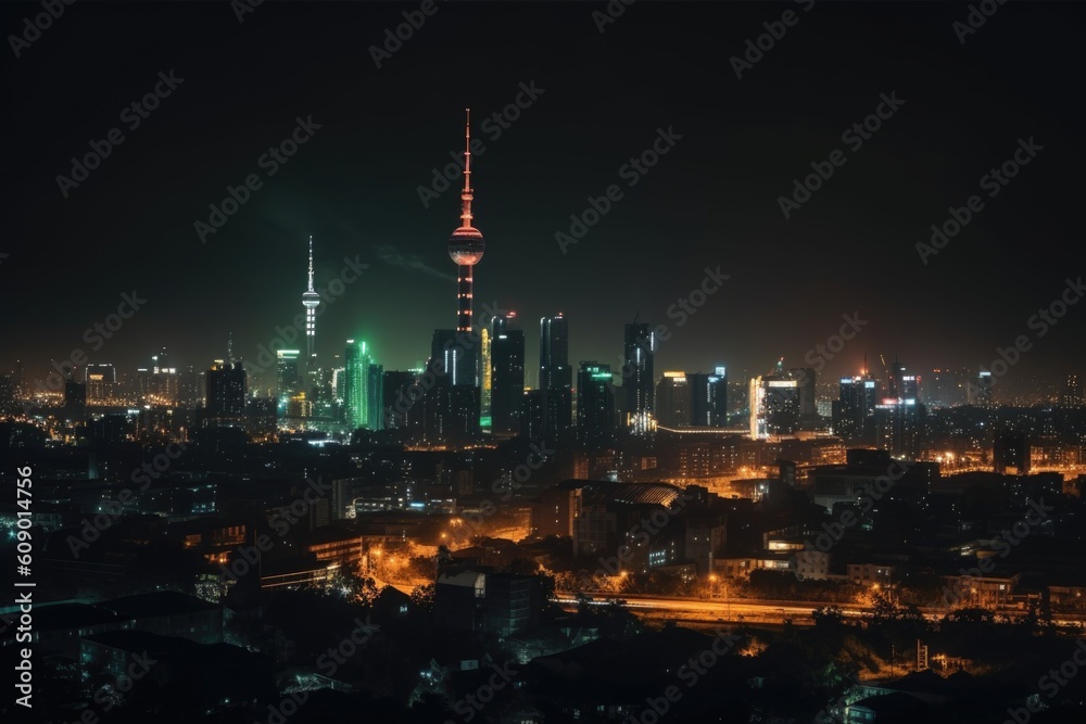 spectacular view of city skyline, with buildings and landmarks illuminated by creative lighting, created with generative ai