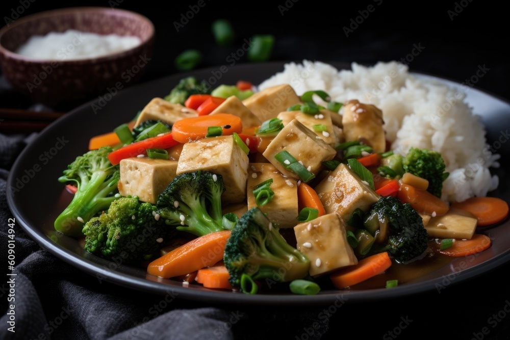 tofu and vegetable stir-fry with sesame sauce, inspired by japanese and