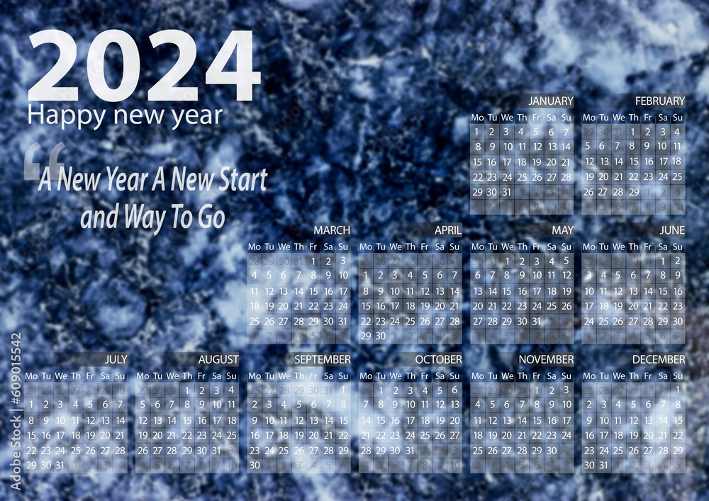 Natural black and gray and blue marble texture with 2024 year calendar