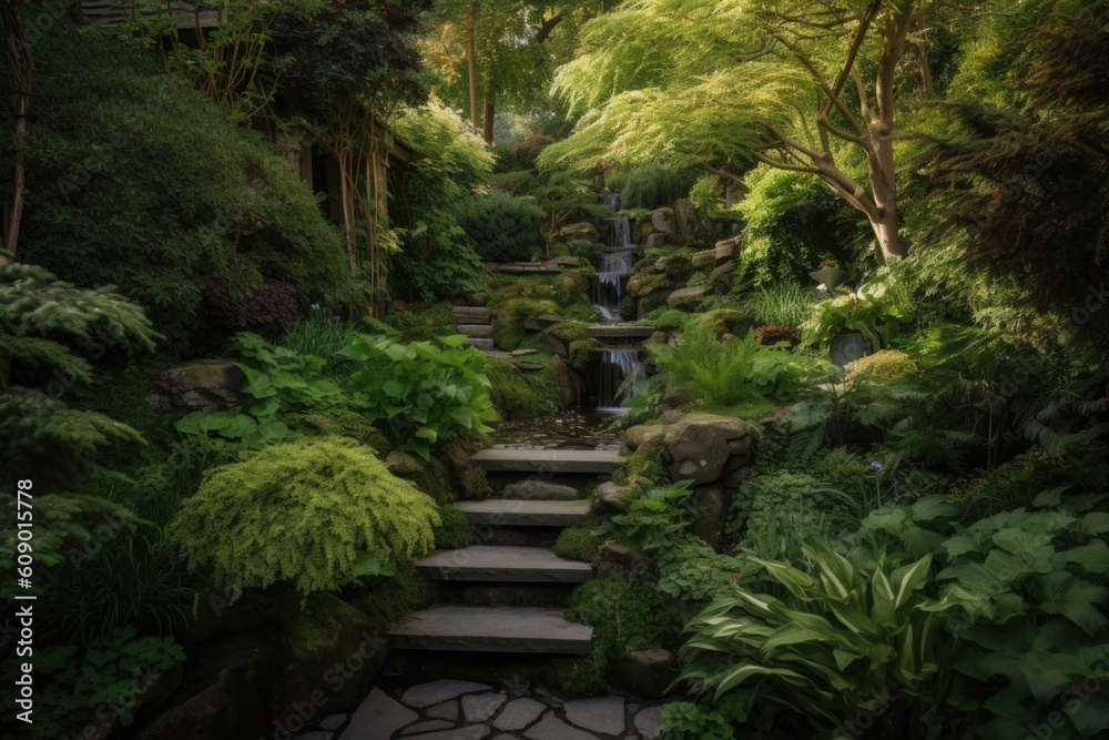 a beautiful and serene garden, with a trickling waterfall, surrounded by peaceful greenery, created with generative ai a beautiful and serene garden, with a trickling waterfall, surrounded by peaceful greenery, created with generative ai
