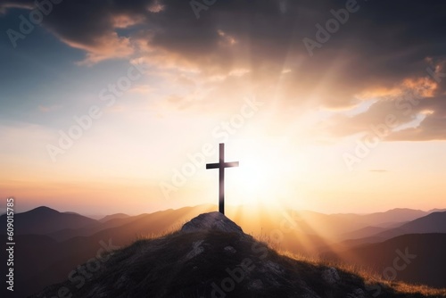 Christmas concept: The cross on mountain sunset background, Generative AI