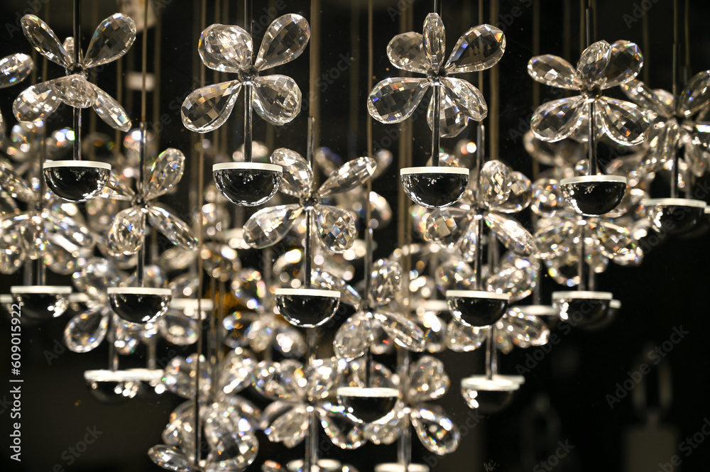 Chandeliers for sale in the store. Lighting in the house. Light reflection. Chandeliers for sale in the store. Lighting in the house. Light reflection.
