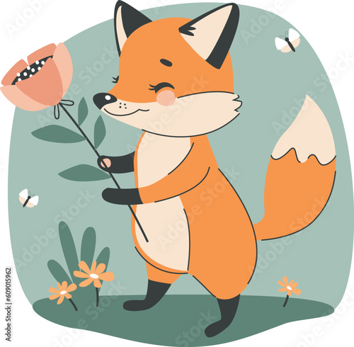 Red fox in a clearing with flowers cartoon character.