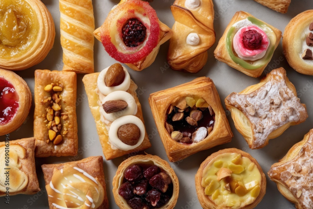 overlapping pastries, with different fillings and toppings, created with generative ai overlapping pastries, with different fillings and toppings, created with generative ai