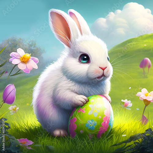 Wallpaper Mural White Easter bunny with colorful egg, created with generative AI tools Torontodigital.ca