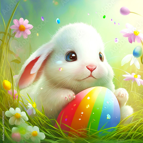 Wallpaper Mural Easter white bunny with colorful egg, created with generated AI tools Torontodigital.ca