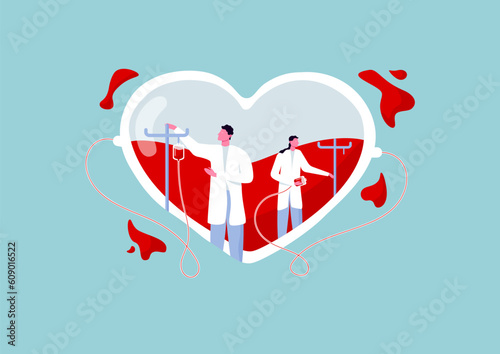 World Blood Donor Day June 14 Illustration with human blood donation for transfer to the recipient in saving life. Vector illustration