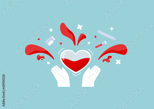 World Blood Donor Day June 14 Illustration with human blood donation for transfer to the recipient in saving life. Vector illustration