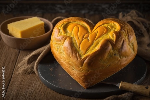 heart-shaped bread loaf with a golden crust and melted cheese filling, created with generative ai