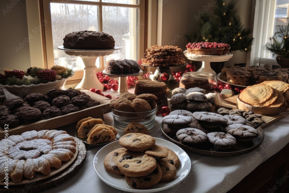 spread of holiday cookies, cakes, and pastries on display, created with generative ai
