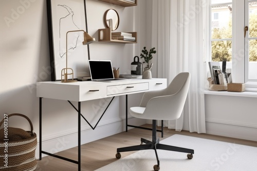 crisp and clean home office with sleek desk and chair  minimal decor  and natural light  created with generative ai