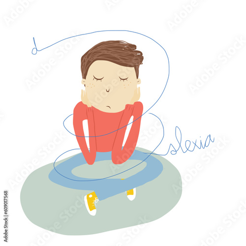 Vector illustration of a young boy with dyslexia feeling sad with his struggle