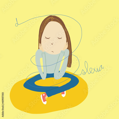 Vector illustration of a young girl with dyslexia feeling sad with his struggle