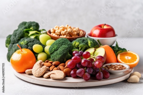 plate of fresh fruits  vegetables  and nuts for a healthy immune system  created with generative ai