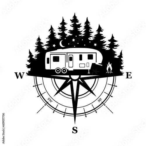 Fifth Wheel RV Camper in the Woods and Compass, Camping in the Nature, Hand Drawn Vector Illustration