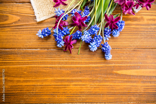 beautiful bouquet of spring flowers on a wooden table