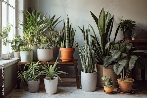 Indoor Gardening Systems, indoor horticulture. Different indoor plants in living room. Biophilia design, urban jungle concept. AI generative