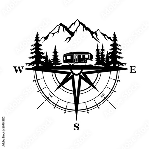 5th Wheel Travel Trailer and Compass, Camping in the Nature, Hand Drawn Vector Illustration