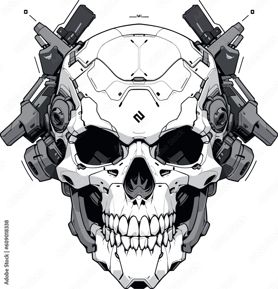 Fototapeta premium creepy mecha techno skull over white