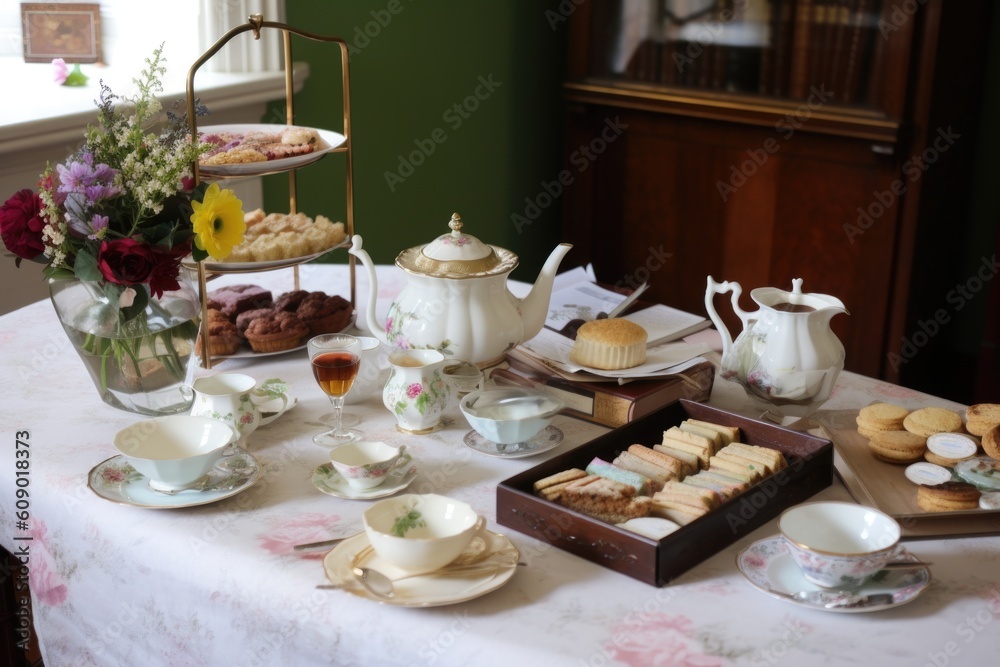 tea party setting with array of tea and scones, plus guest book for guests to write their wishes, created with generative ai tea party setting with array of tea and scones, plus guest book for guests to write their wishes, created with generative ai