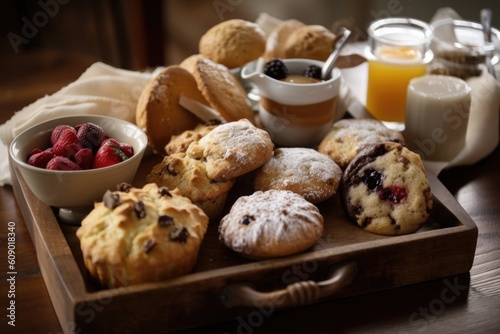 dessert tray with scones, muffins, and pastries, created with generative ai