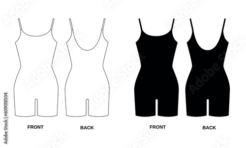 Set of vector drawings of sports tights in black and white. Jersey tracksuit template, front and back view. Sketch of suit for fitness, gym, wrestling, diving, athletics