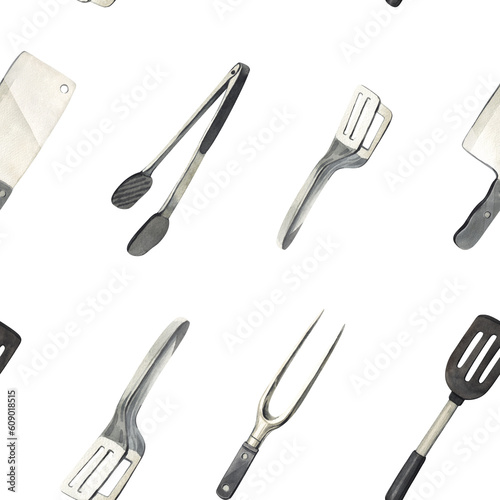 Watercolor seamless pattern elements grill, kitchen tools for cooking bbq: spatula,fork,tongs and knife grilling. Hand-drawn illustration isolated on white background.Perfect for menu cafe, restaurant