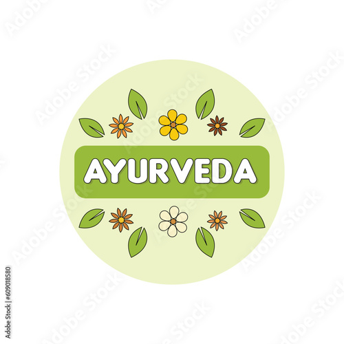 Vector ayurveda illustration with isolated leaves, flowers on white backdrop for use as logo template of ayurvedic shop, alternative medicine center, natural organic products.