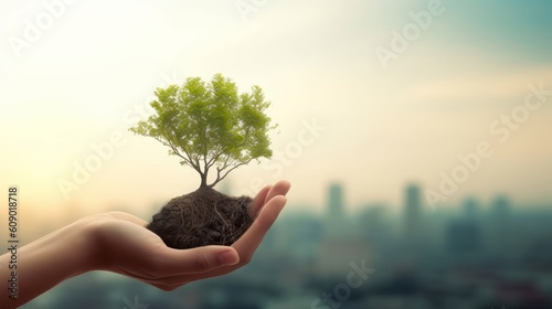 International Day of Charity concept: Human hand holding tree over city background, Generative AI