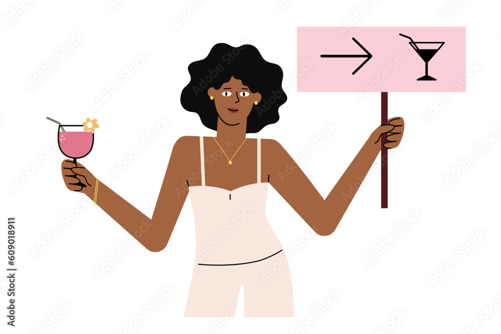 Summer afro american girl cartoony character holding plate pointer to the bar.Flat hand-drawn black woman is enjoying vacation tasting alcohol drink and and invites you to join.Isolated.Vector Summer afro american girl cartoony character holding plate pointer to the bar.Flat hand-drawn black woman is enjoying vacation tasting alcohol drink and and invites you to join.Isolated.Vector