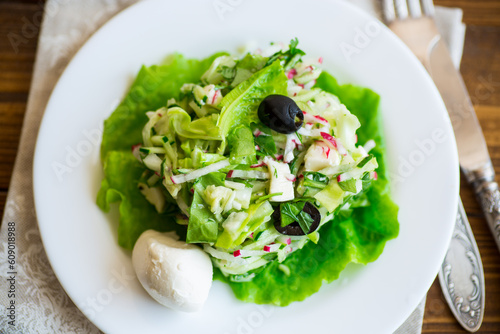 fresh summer salad with early cabbage, cucumbers, radishes and other vegetables in a plate