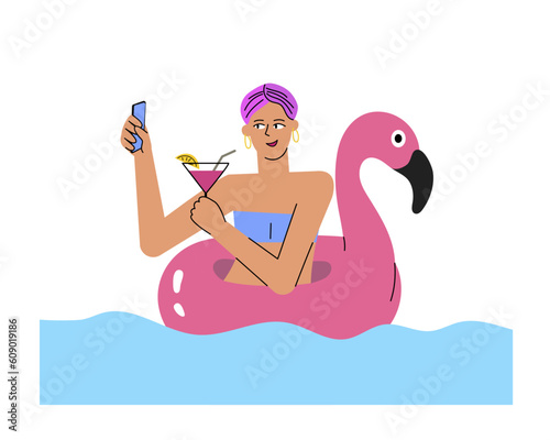 Summer girl cartoony character makes selfie with cocktail using smartphone inswimming pool.Flat hand-drawn woman is enjoying vacation floating on inflatable flamingo ring and streaming online.Vector