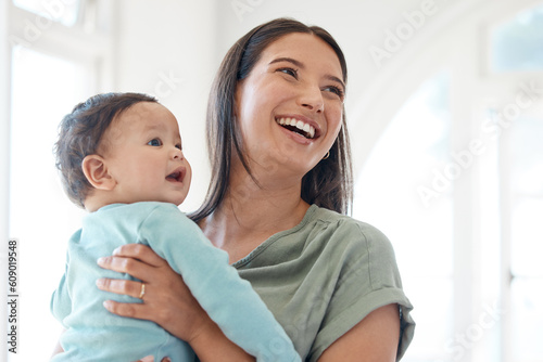 Photography Mother, baby and laughing in home for love, care and thinking of happy future together in support, growth and childcare