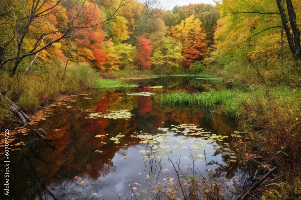 autumn forest hike with colorful foliage and peaceful pond, created with generative ai