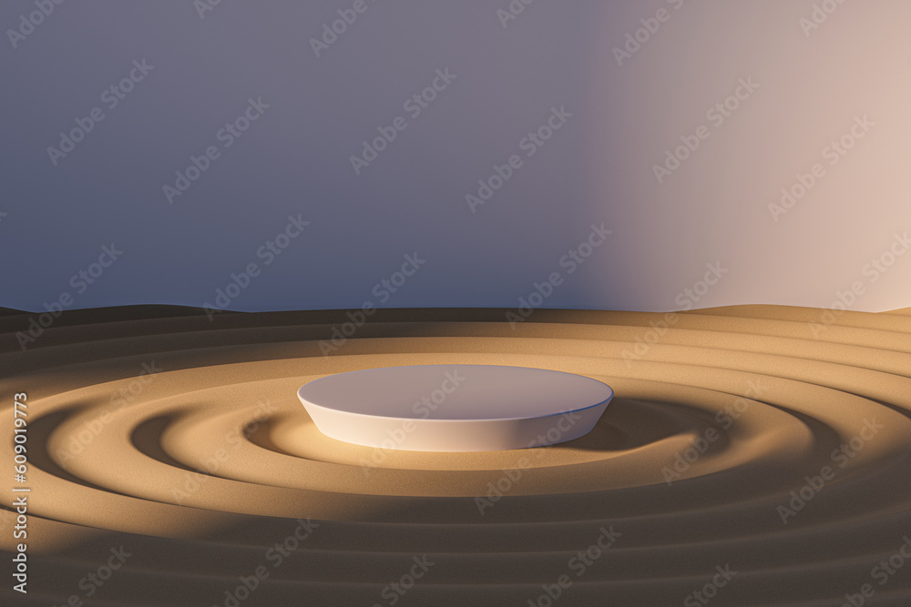 3d presentation pedestal made of wood in Zen garden, outdoor scene. 3d rendering of mockup of presentation podium for display or advertising purposes. 3D Illustration 3d presentation pedestal made of wood in Zen garden, outdoor scene. 3d rendering of mockup of presentation podium for display or advertising purposes. 3D Illustration