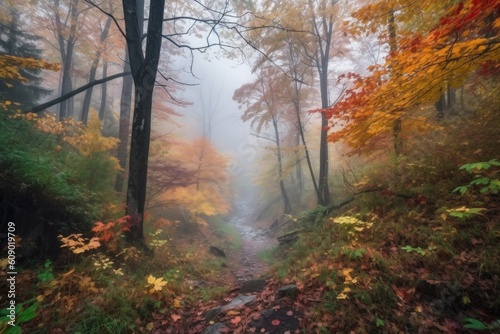 autumn forest hike with colorful foliage and mist in the air, created with generative ai © Alfazet Chronicles