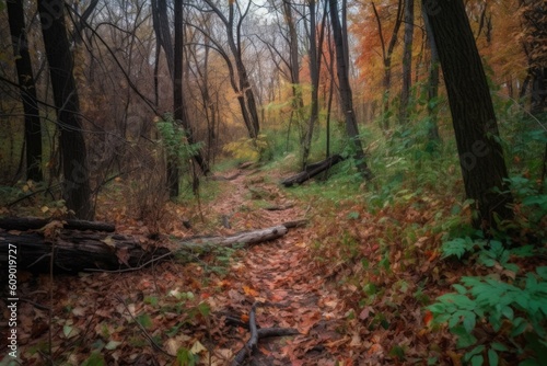 view of forest trail with colorful leaves and fallen branches, created with generative ai
