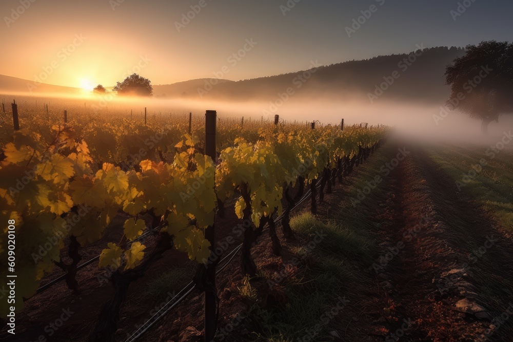 Fototapeta premium vineyard with a misty sunrise, bringing new day, created with generative ai